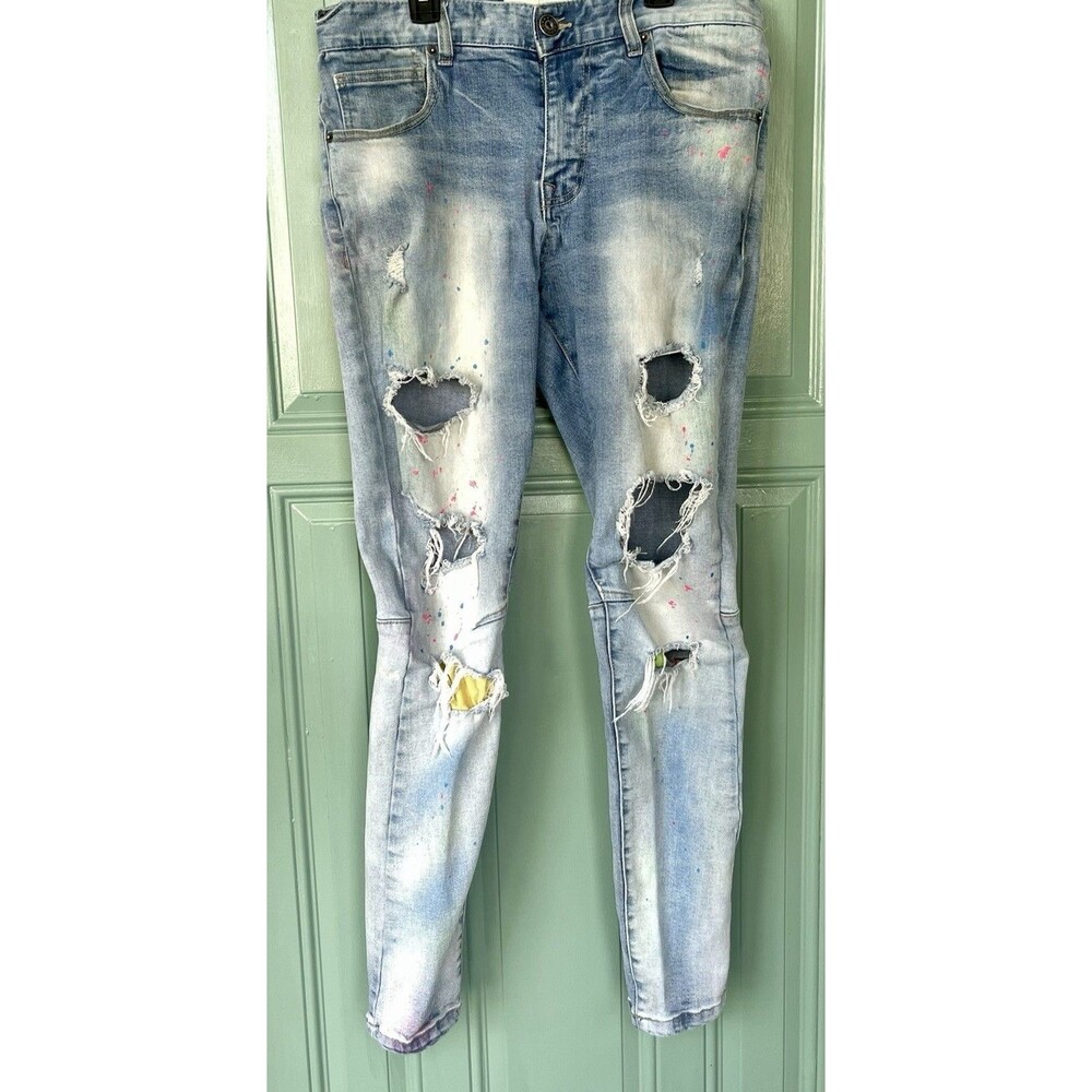 Kloud 9 Jeans Men 32X32 Blue Denim Straight Distressed Stretch Paint Splatter